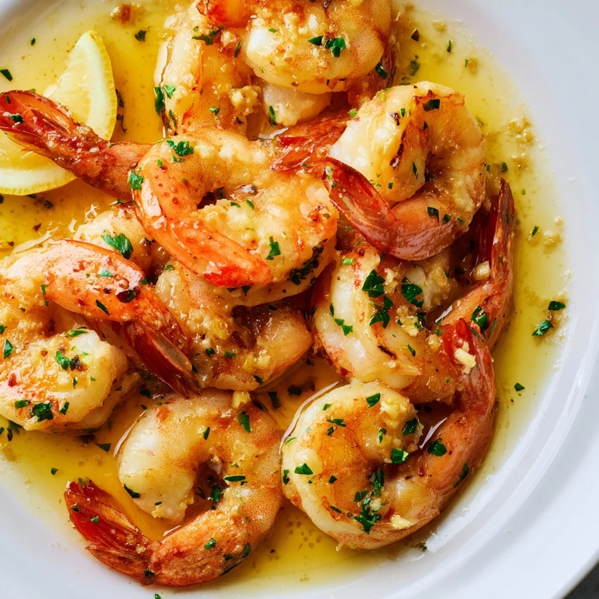 Plump buttered shrimp tossed in lemon herb butter sauce ready for a weeknight dinner