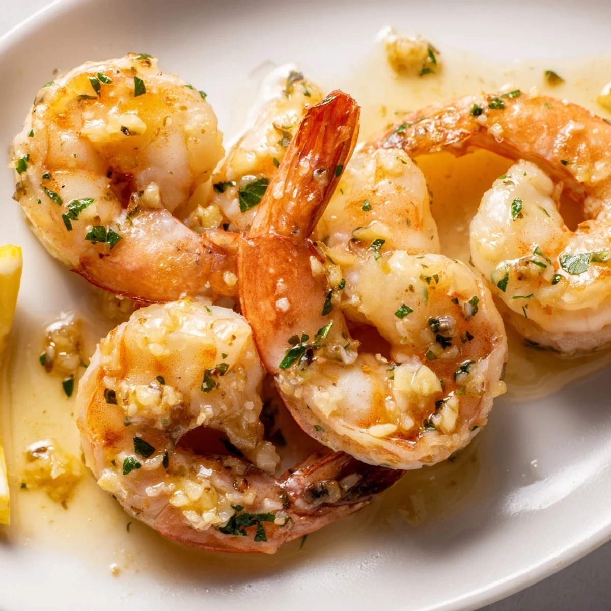 Sizzling buttered shrimp nestled in a cast iron skillet coated in rich garlic butter