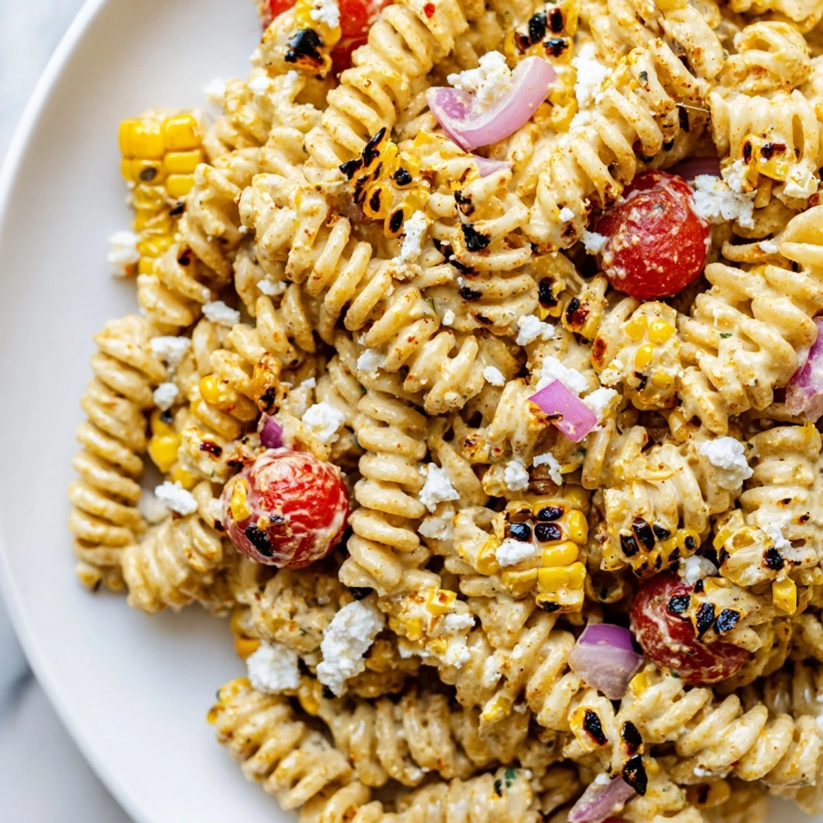 Creamy elote street corn pasta salad topped with crumbled cotija cheese and fresh cilantro