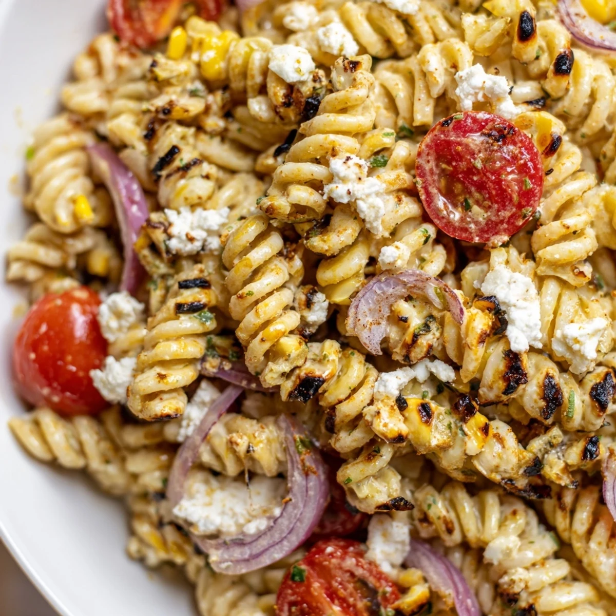 Smoky grilled corn and vibrant tomatoes shine in this elote street corn pasta salad