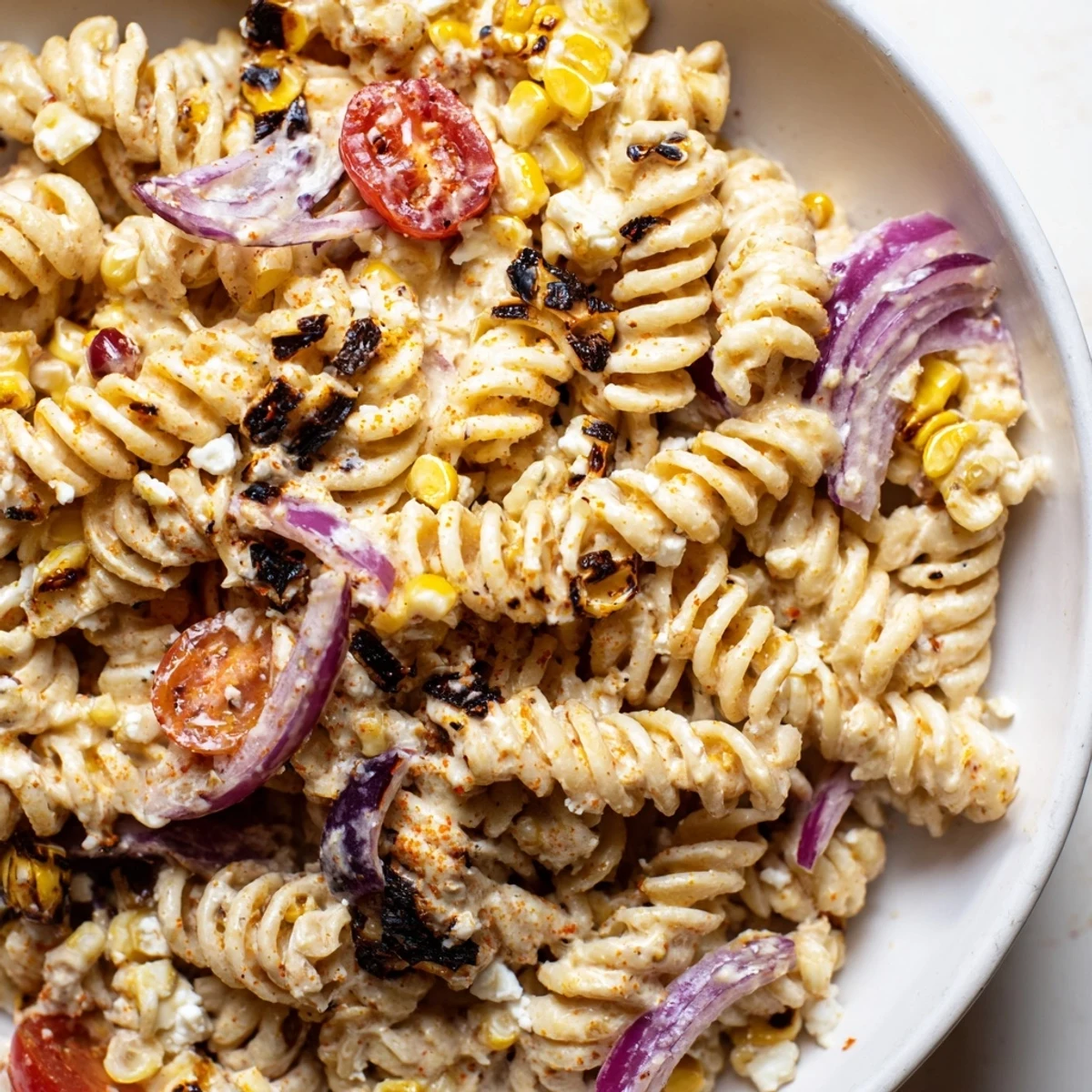 Tangy lime dressing coats every bite of this colorful elote street corn pasta salad