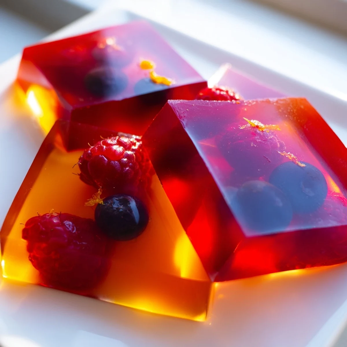 Colorful Collagen Fruit Jellies cubes dusted with citrus zest on a white plate
