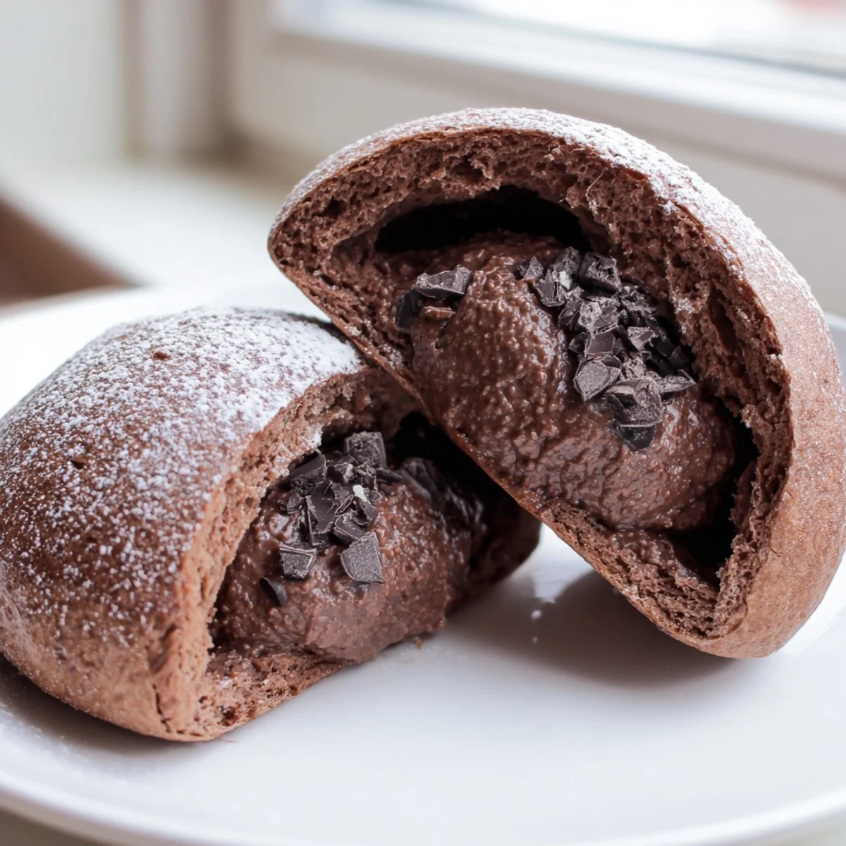 Italian Chocolate Maritozzi buns sliced open and generously filled with fluffy dark chocolate whipped cream