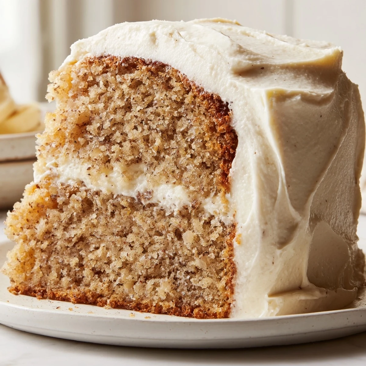 A golden slice of brown butter banana cake topped with fluffy cream cheese frosting on a rustic plate.