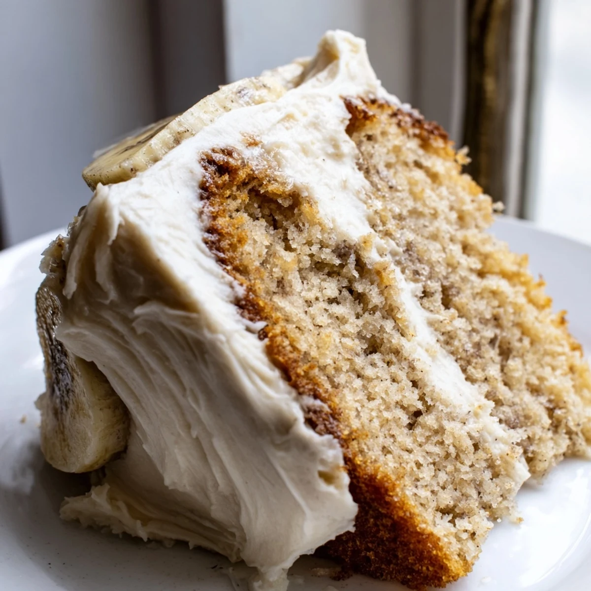 Thick swirls of cream cheese frosting blanket a moist brown butter banana cake ready for slicing.
