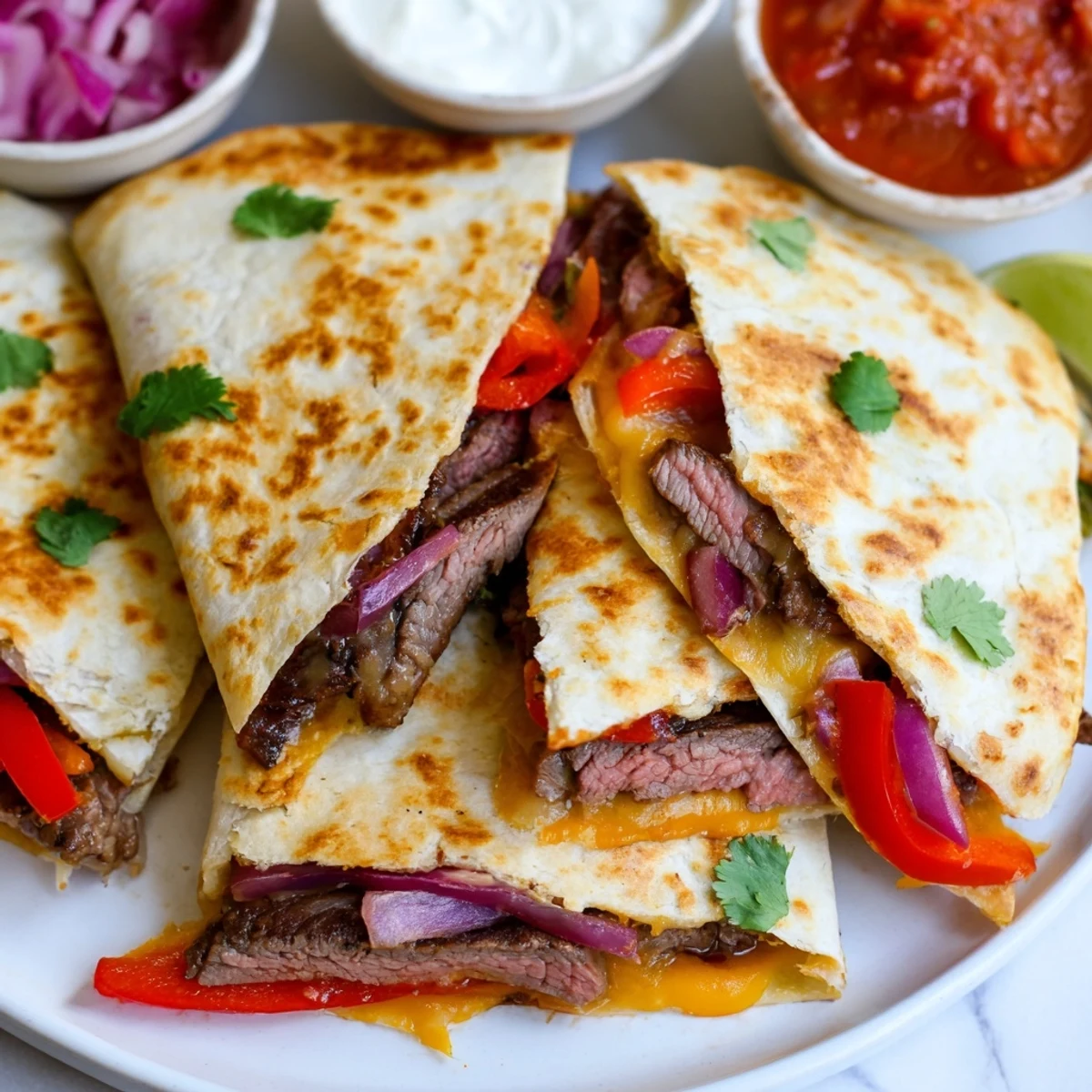 Sizzling steak quesadillas cut into wedges served with fresh guacamole and salsa