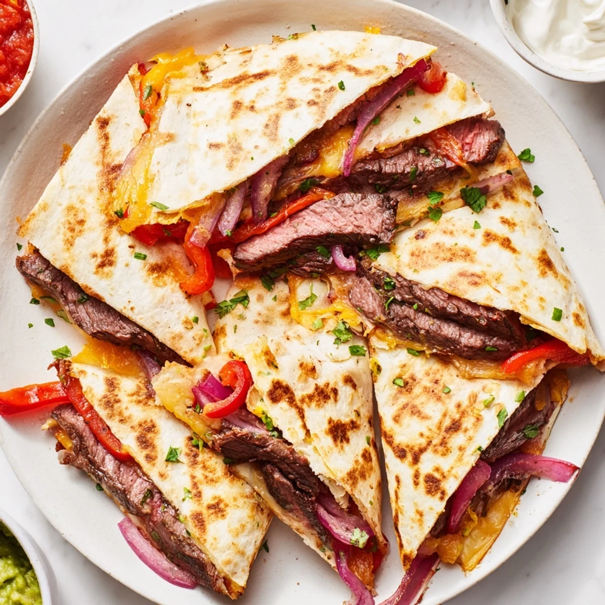 Crispy golden steak quesadillas loaded with melted cheese and colorful bell peppers