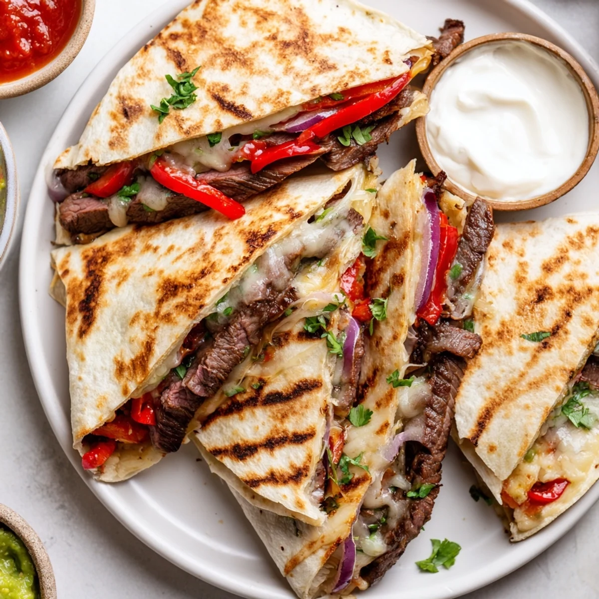 Cheesy steak quesadillas with tender seared beef and caramelized onions on a rustic plate