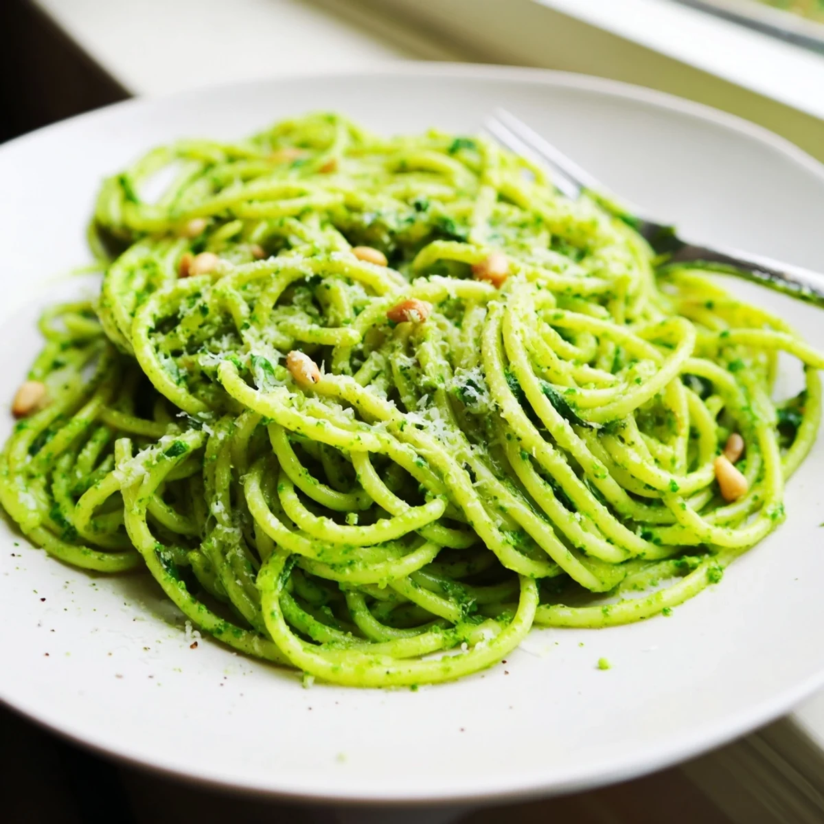 Creamy wild garlic pesto pasta coated in vibrant green sauce with toasted pine nuts