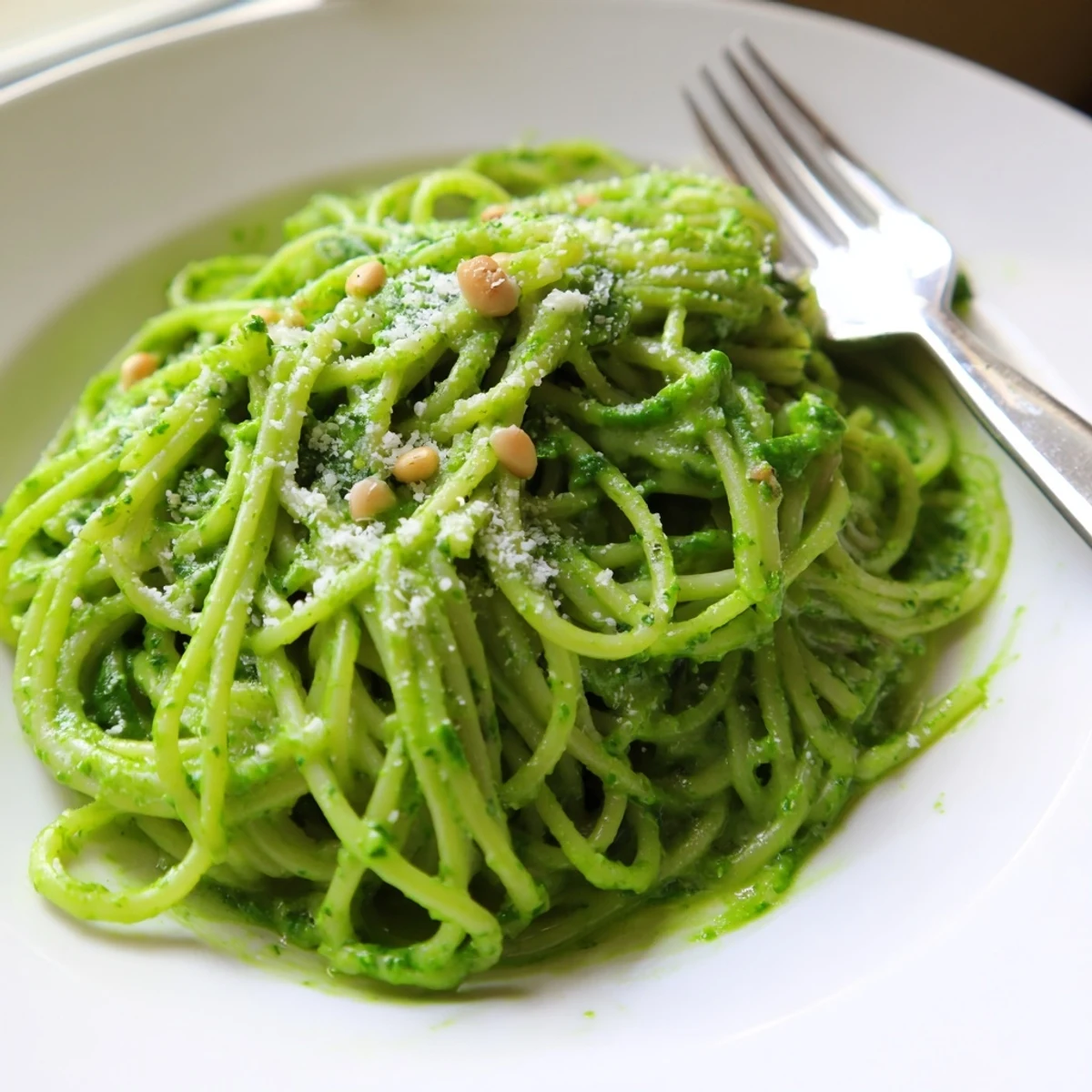 Steaming bowl of wild garlic pesto pasta garnished with freshly cracked black pepper