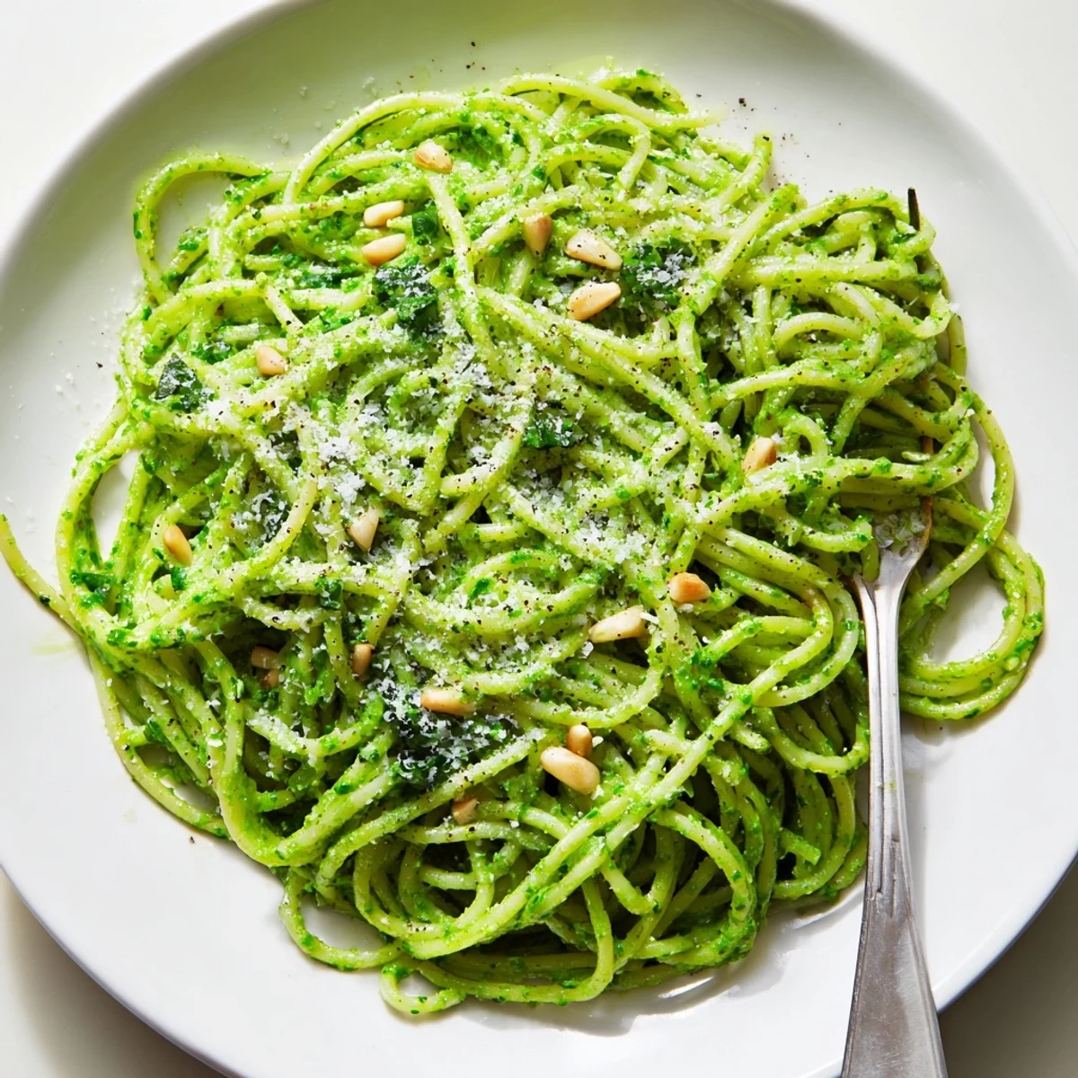 Wild garlic pesto pasta twirled on a fork showcasing its bright fragrant herb coating