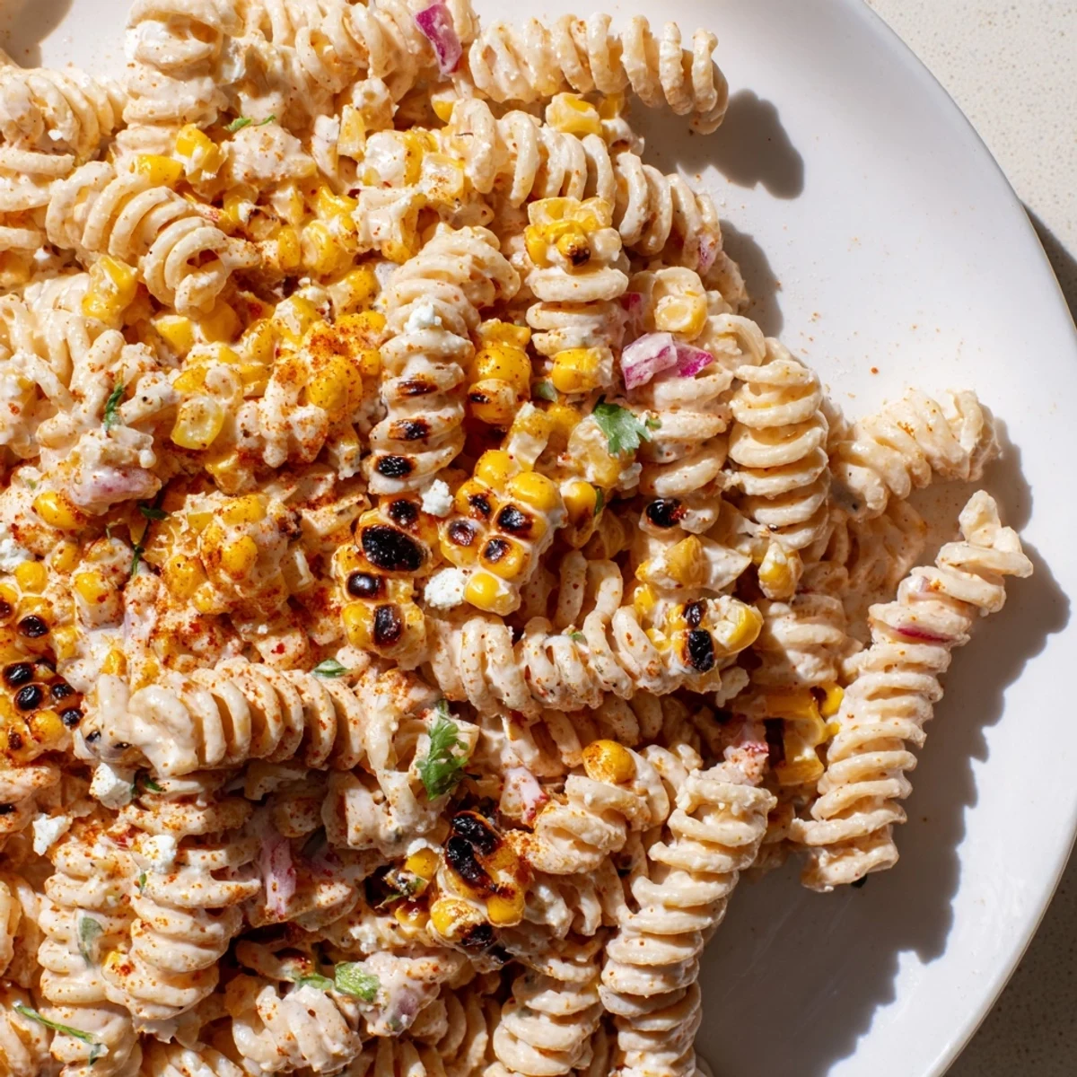 Creamy elote street corn pasta salad topped with crumbled Cotija and fresh cilantro
