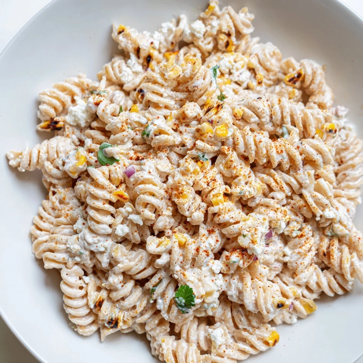 Charred corn and tender rotini in a zesty lime dressing for elote street corn pasta salad