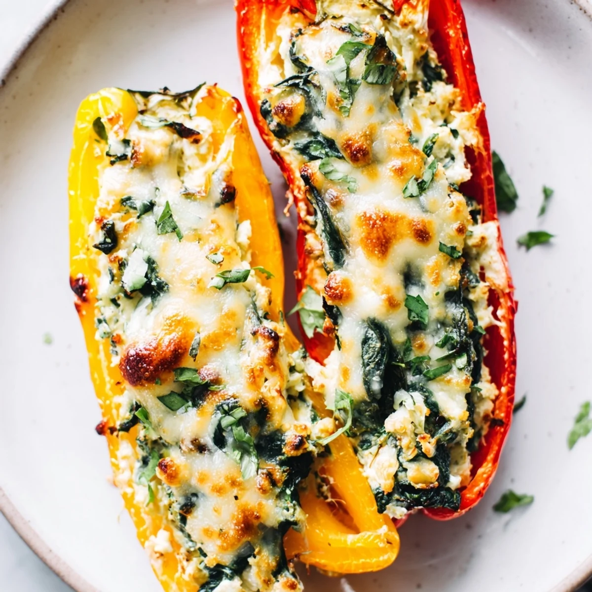 Golden baked ricotta stuffed peppers with melted mozzarella and fresh herbs on a rustic dish