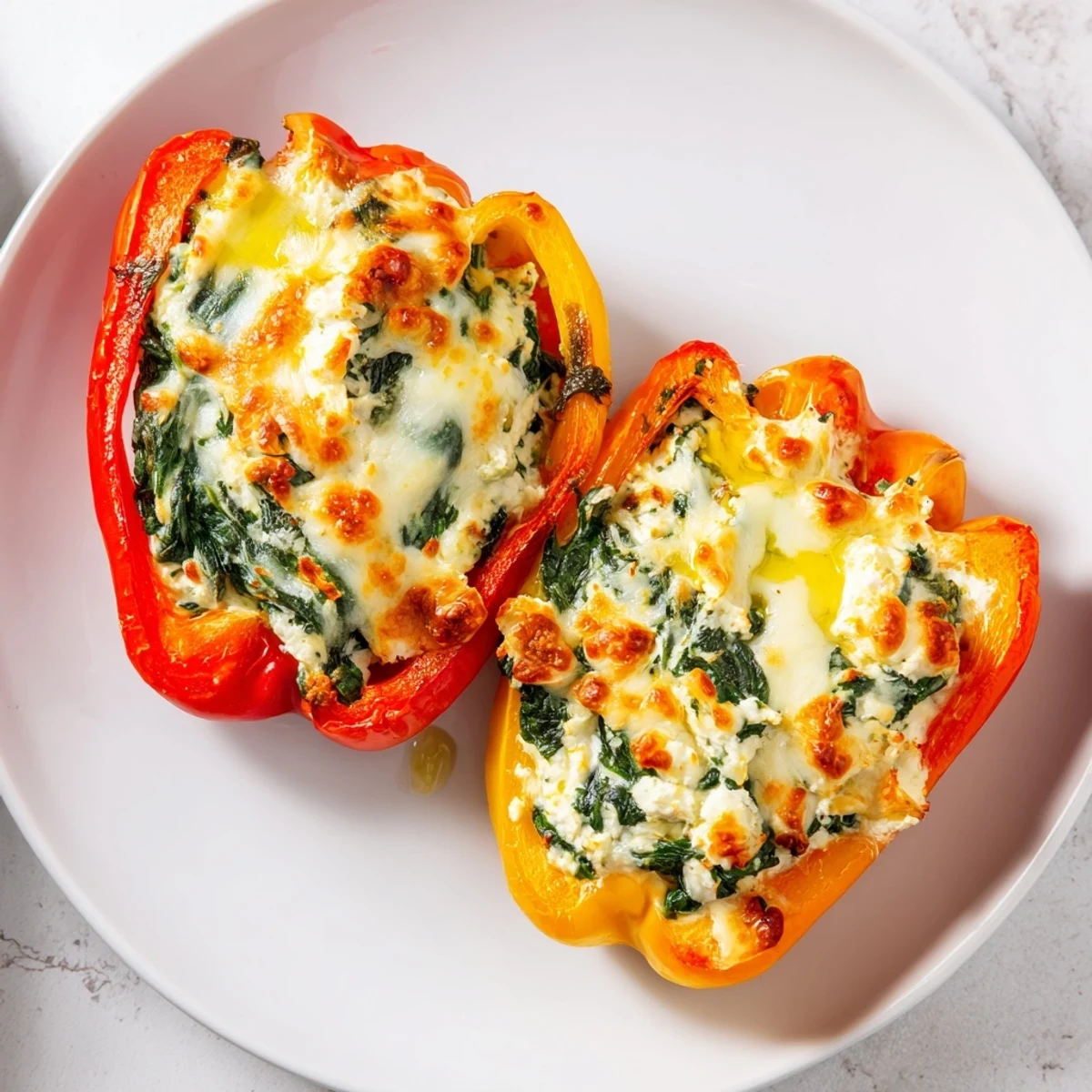 Vibrant roasted bell peppers filled with creamy ricotta spinach mixture topped with bubbling cheese