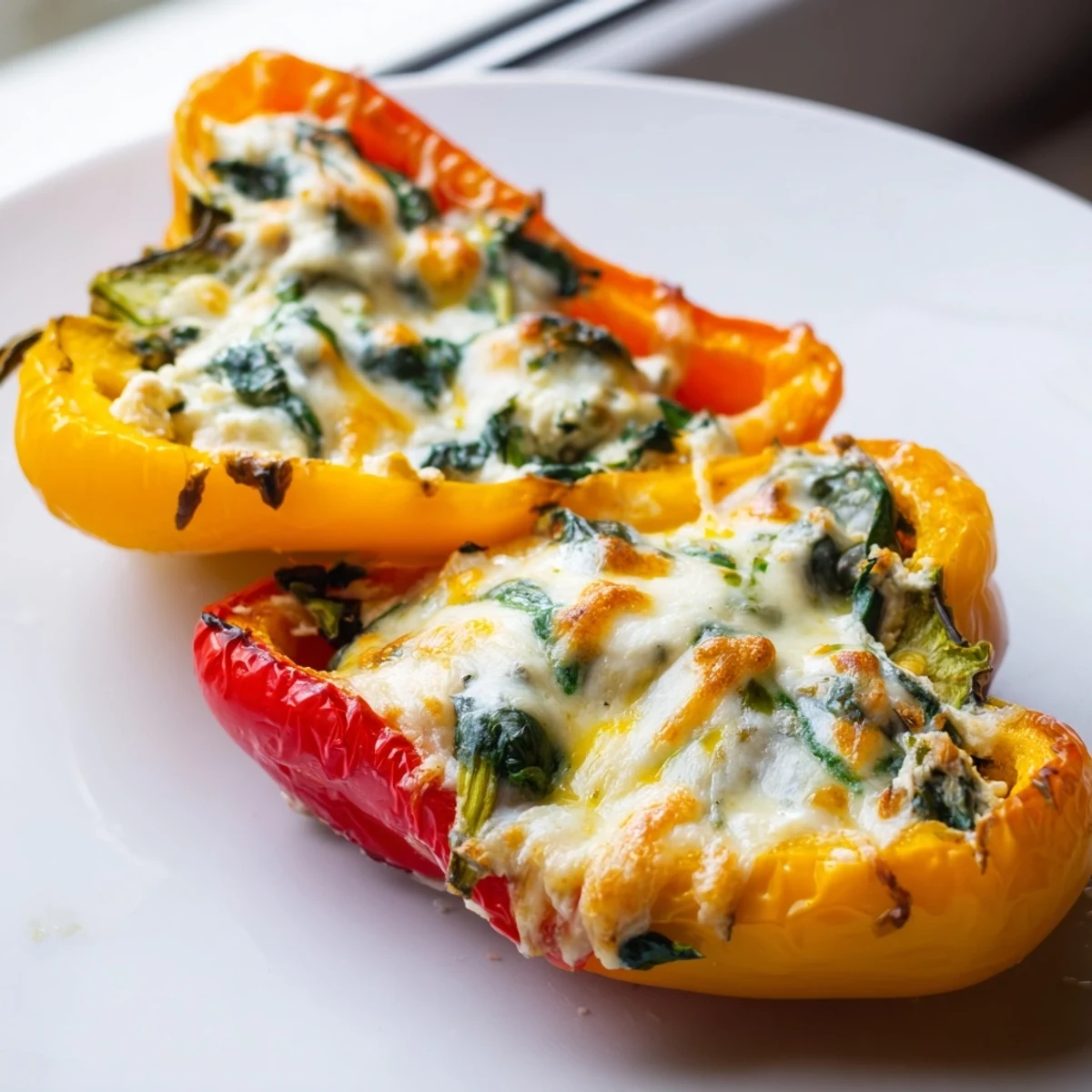 Close-up of ricotta stuffed peppers garnished with basil served alongside crusty Italian bread