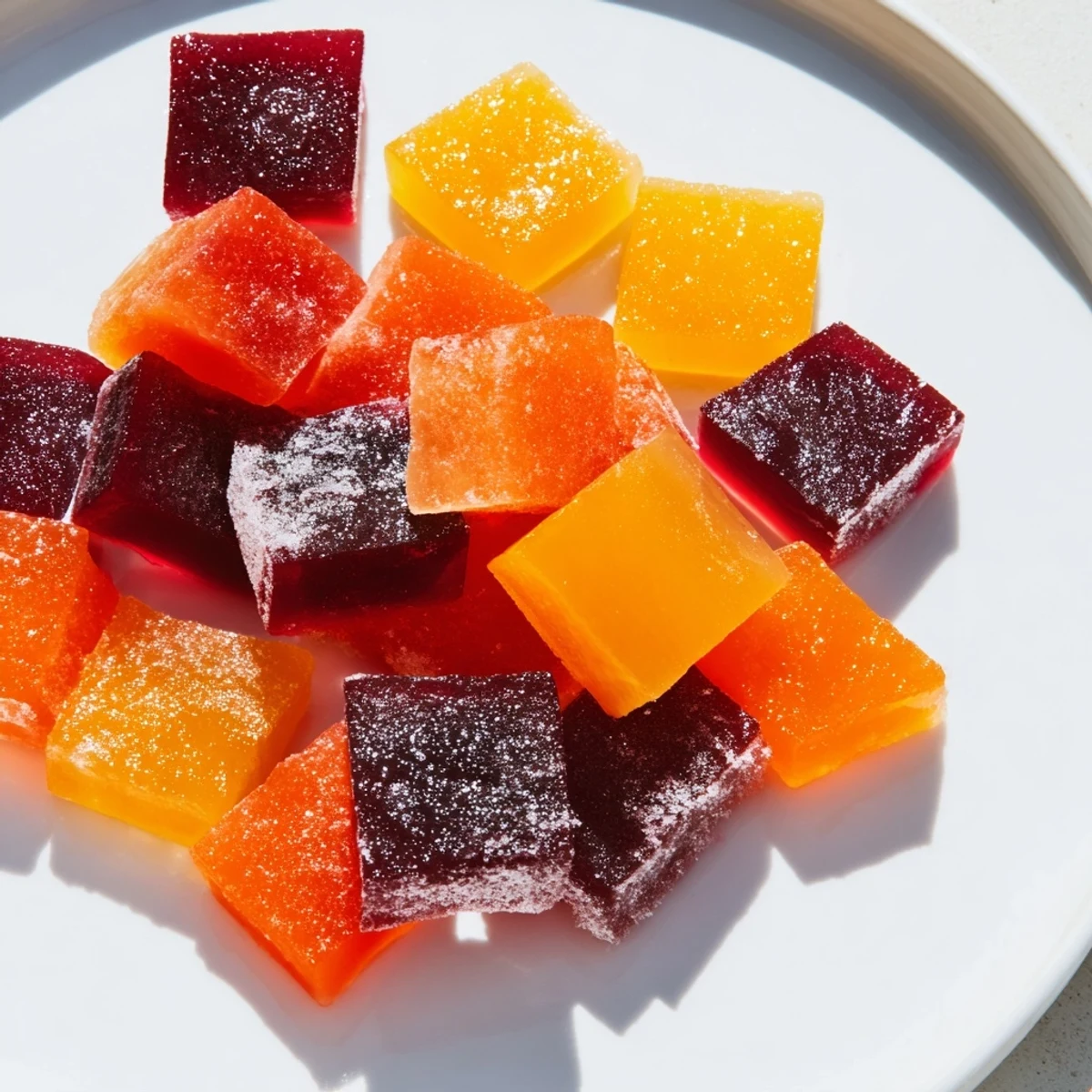 Sparkling Collagen Fruit Jellies in vibrant jewel-toned squares dusted with cornstarch on a rustic cutting board
