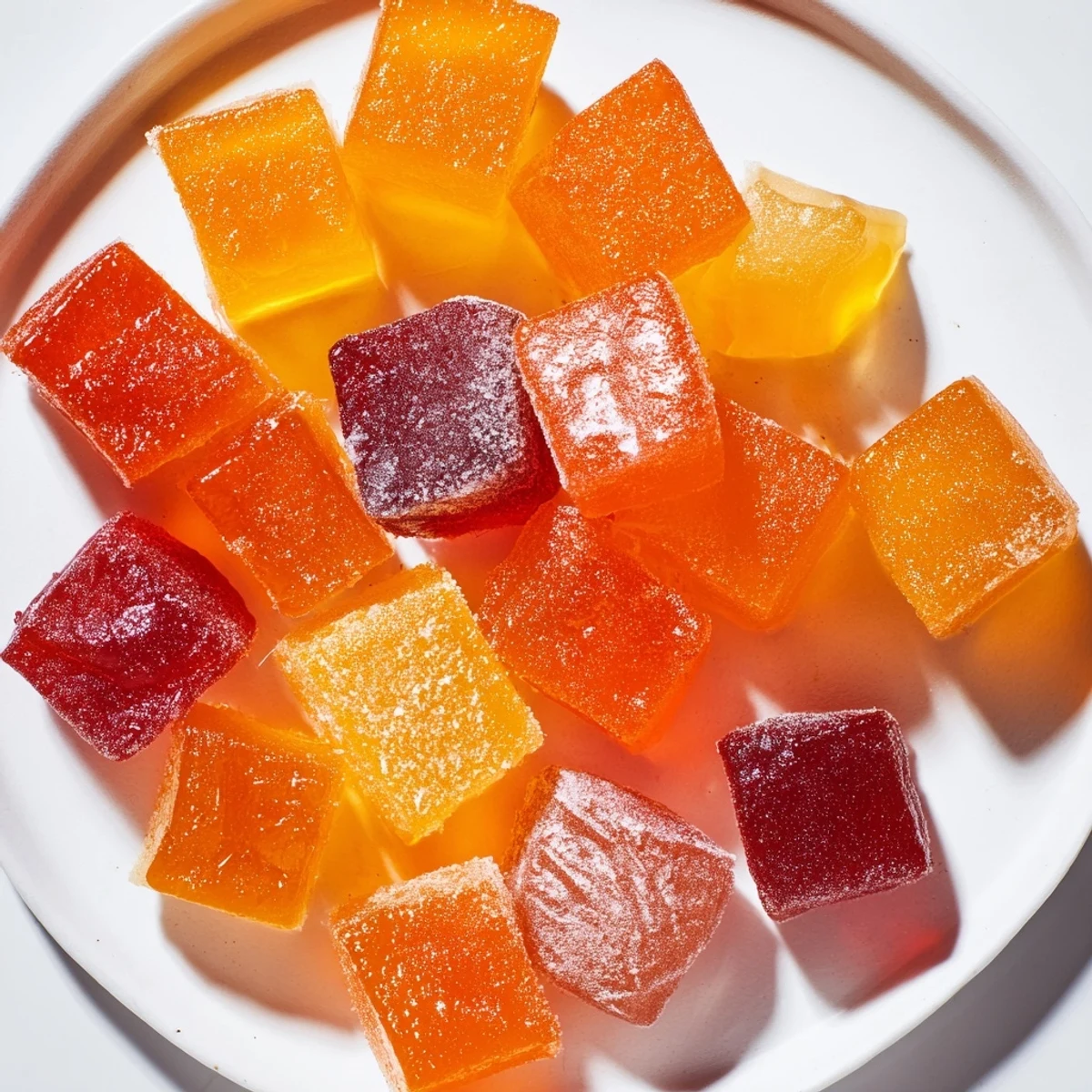 Glossy orange and berry Collagen Fruit Jellies arranged on a white plate for a healthy guilt-free snack