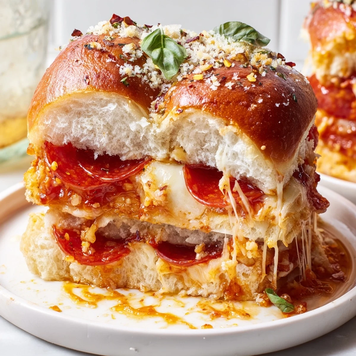 Golden hot honey pepperoni pizza sliders with bubbling mozzarella on soft Hawaiian rolls