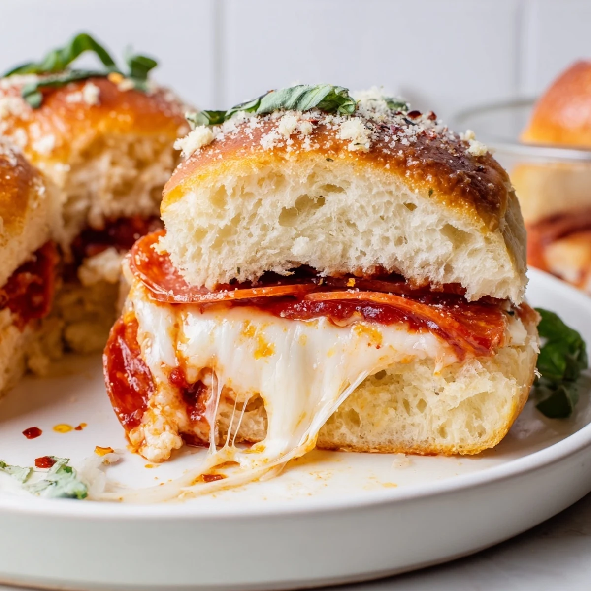 Crispy baked pepperoni pizza sliders drizzled with sweet spicy honey and melted cheese