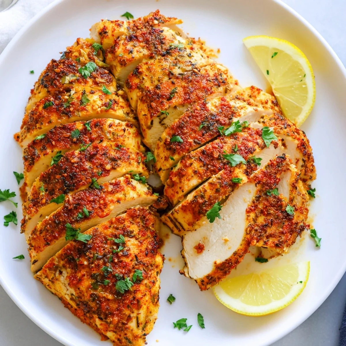 Golden oven baked chicken breasts with herbs on a rustic baking sheet