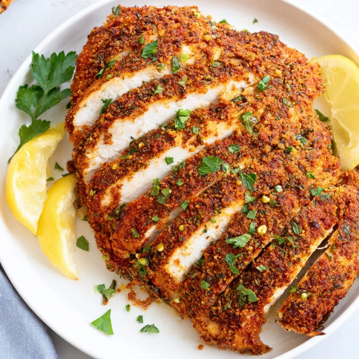 Juicy oven baked chicken breasts sliced and garnished with fresh parsley