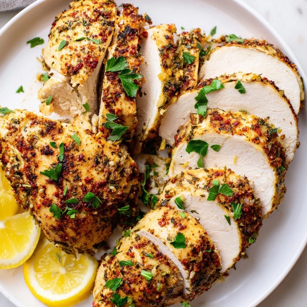 Tender oven baked chicken breasts seasoned with paprika and served with lemon