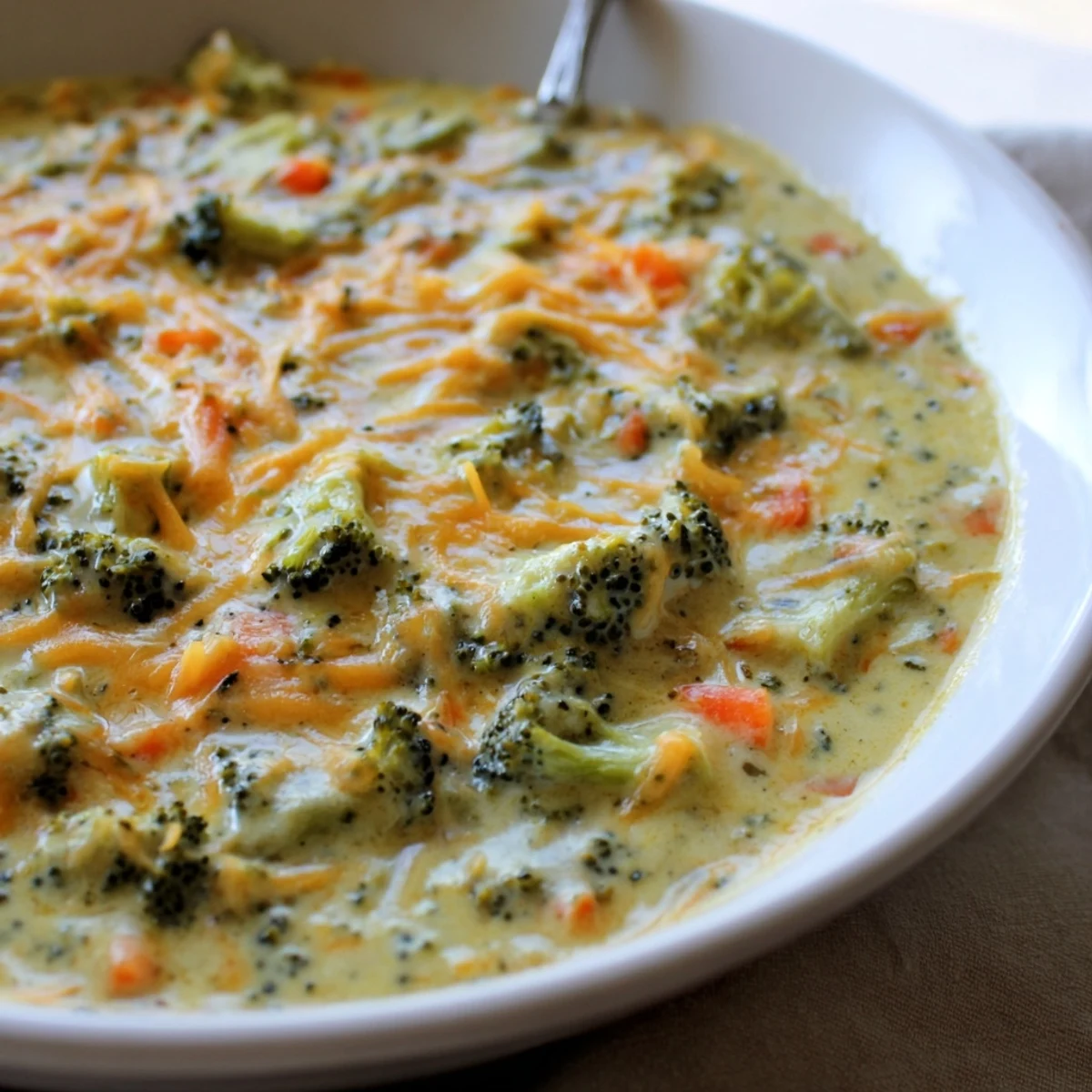Steaming bowl of slow cooker broccoli cheese soup topped with melted cheddar shreds