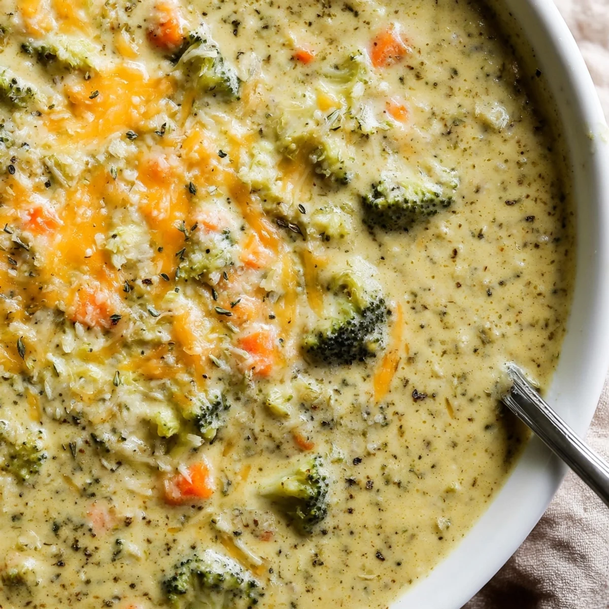 Creamy slow cooker broccoli cheese soup ladled into a rustic bread bowl