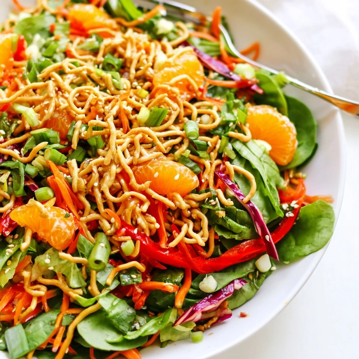 Colorful Mandarin Sesame Crunch Salad drizzled with tangy sesame ginger dressing in a bowl