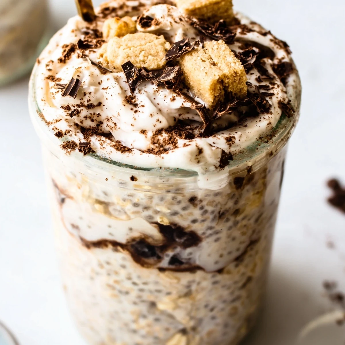 Creamy tiramisu overnight oats layered with mascarpone and dusted with cocoa powder
