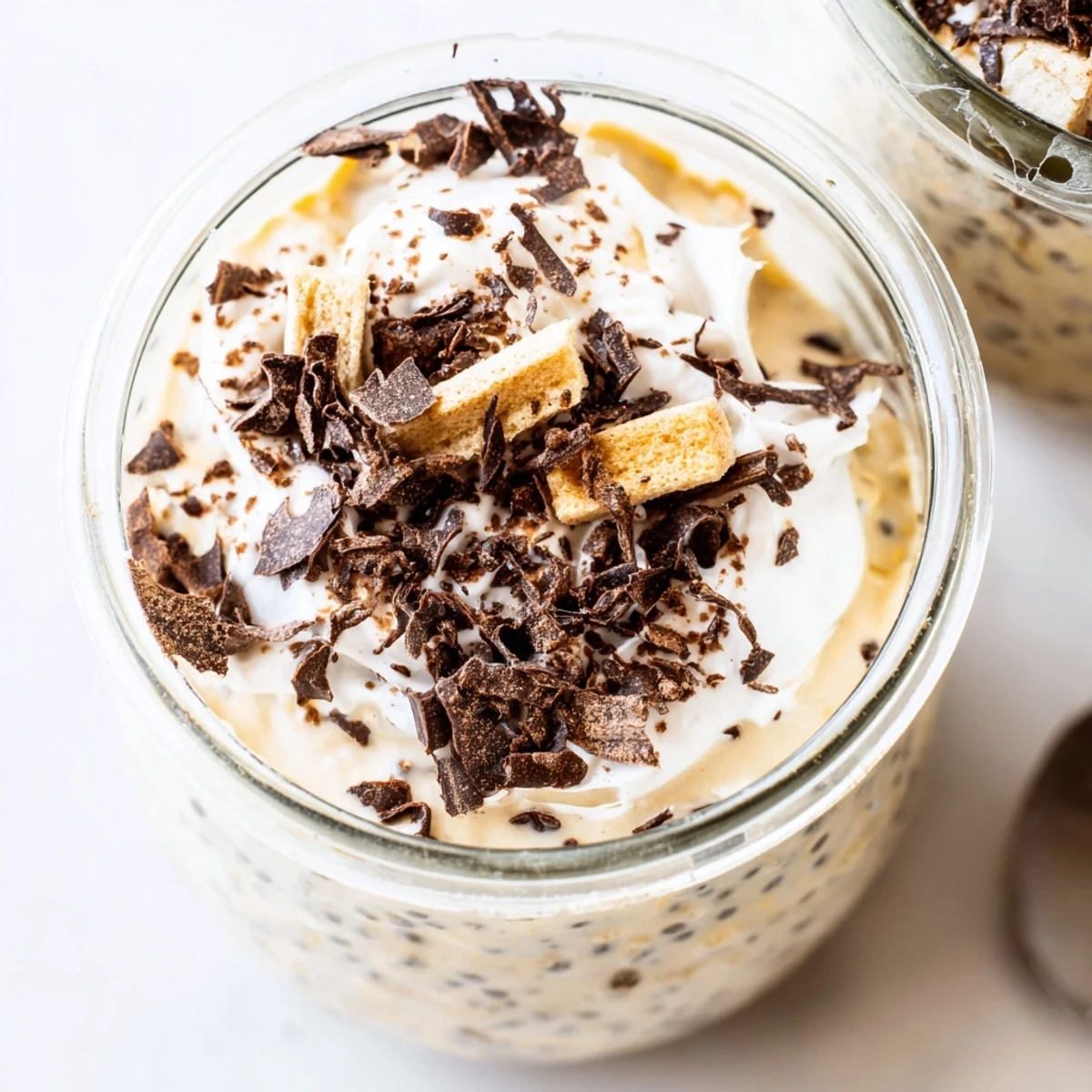 Tiramisu overnight oats topped with dark chocolate shavings in a glass jar