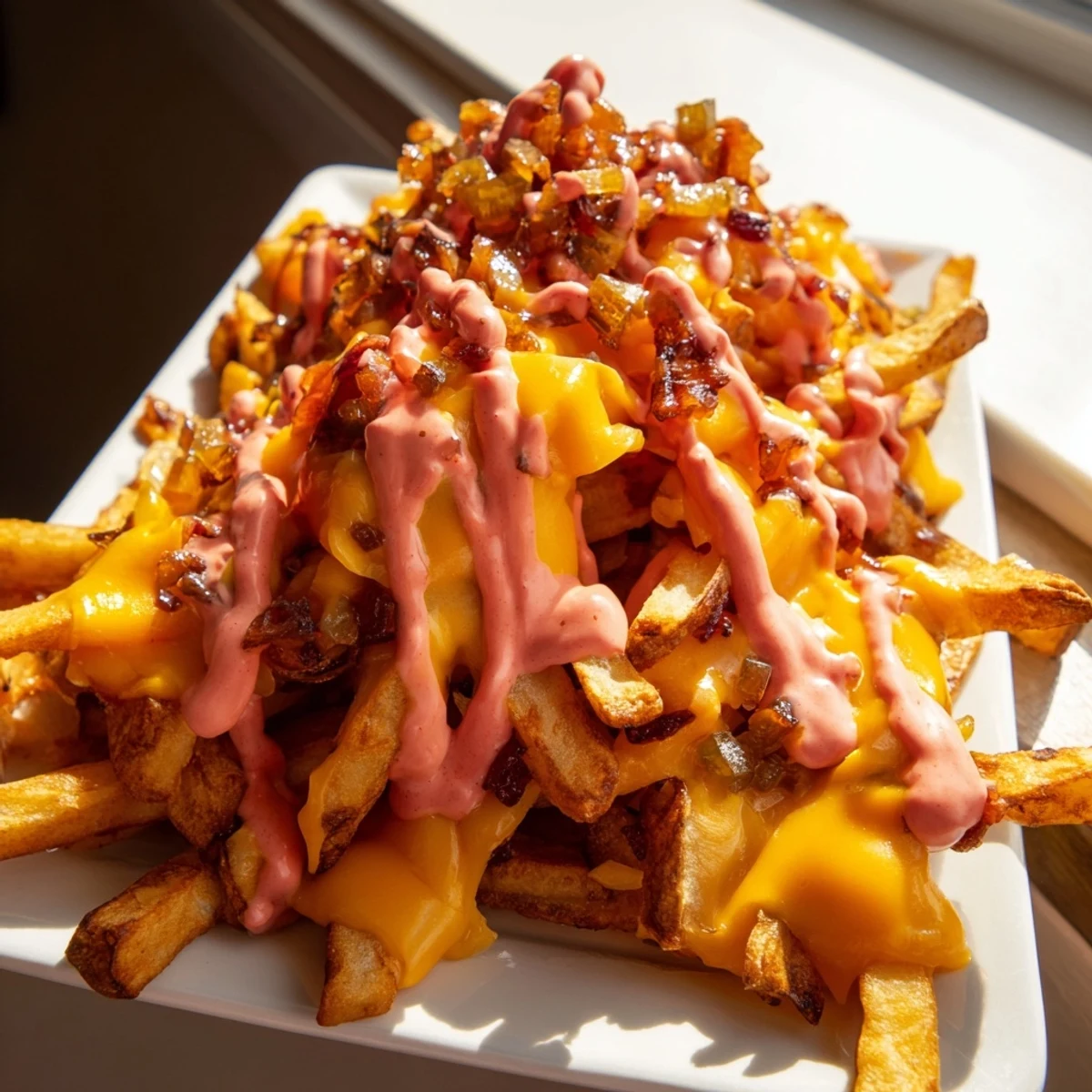 Crispy In-N-Out Animal Style Fries loaded with melted cheese and grilled onions