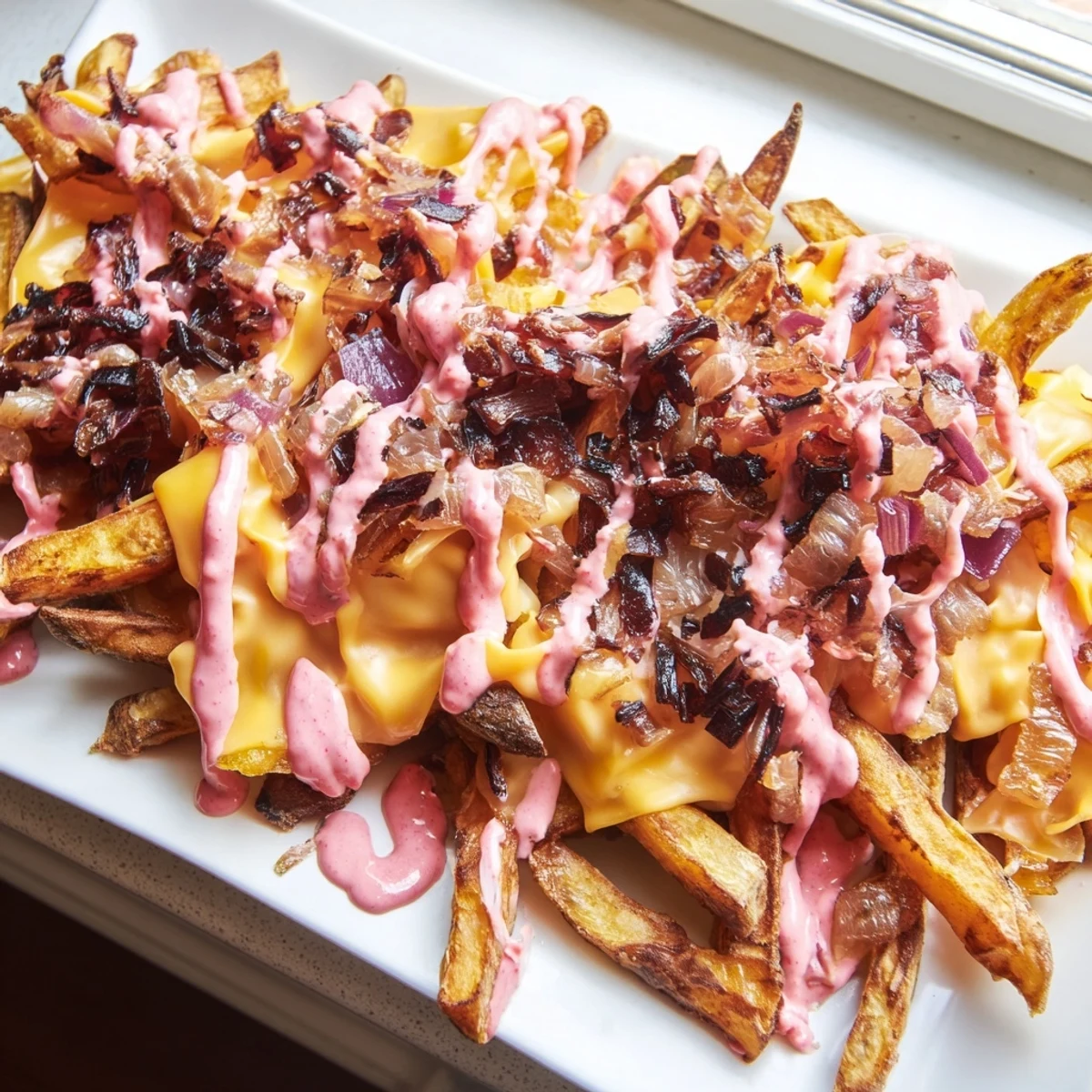 Golden cheesy In-N-Out Animal Style Fries drizzled with tangy secret sauce close-up