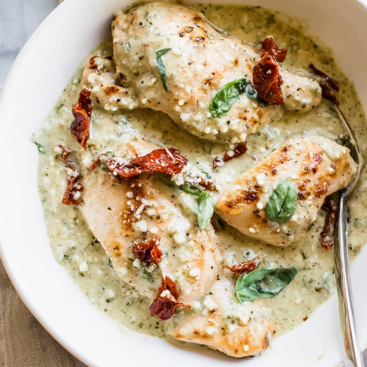 Creamy Marry Me Chicken Pesto in a golden skillet with sun-dried tomatoes and fresh basil