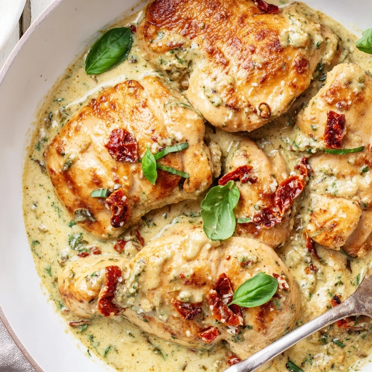 Juicy seared chicken breasts smothered in rich basil pesto cream sauce with melted Parmesan