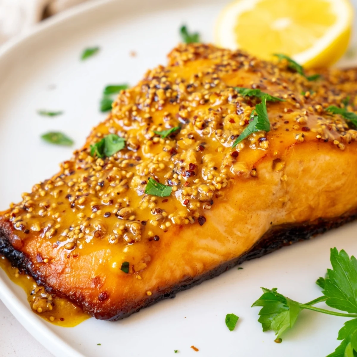 Perfectly flaky baked honey mustard salmon topped with fresh parsley and served beside bright lemon wedges