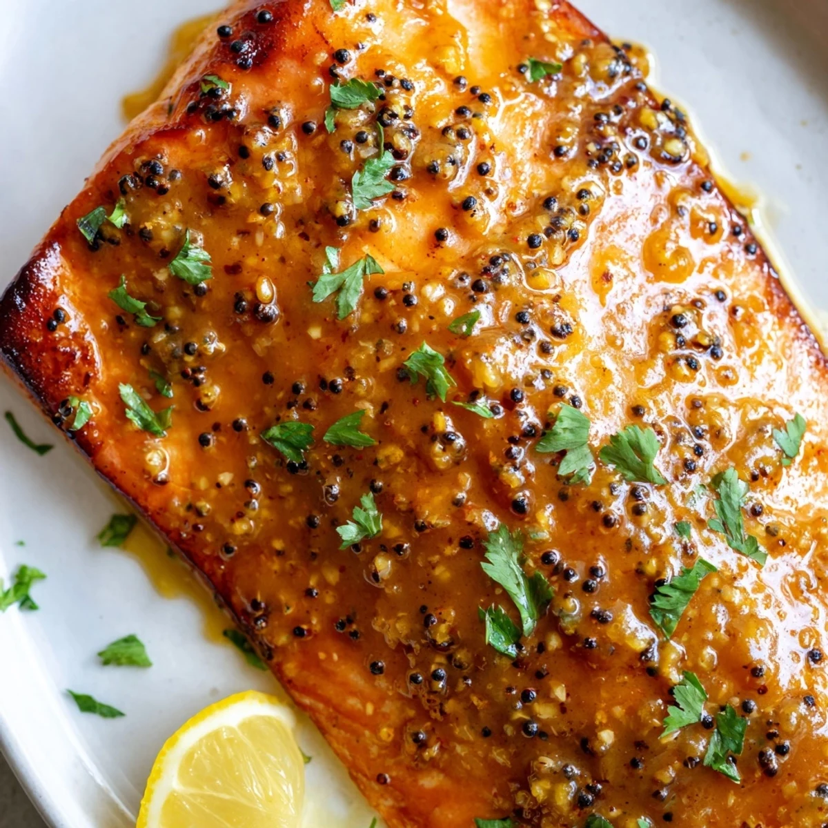 Golden baked honey mustard salmon fillets glistening with a sweet tangy glaze on a parchment-lined baking sheet