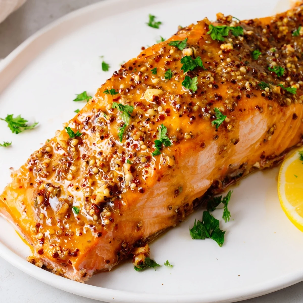 Caramelized baked honey mustard salmon resting on a tray, brushed in a rich golden Dijon honey sauce