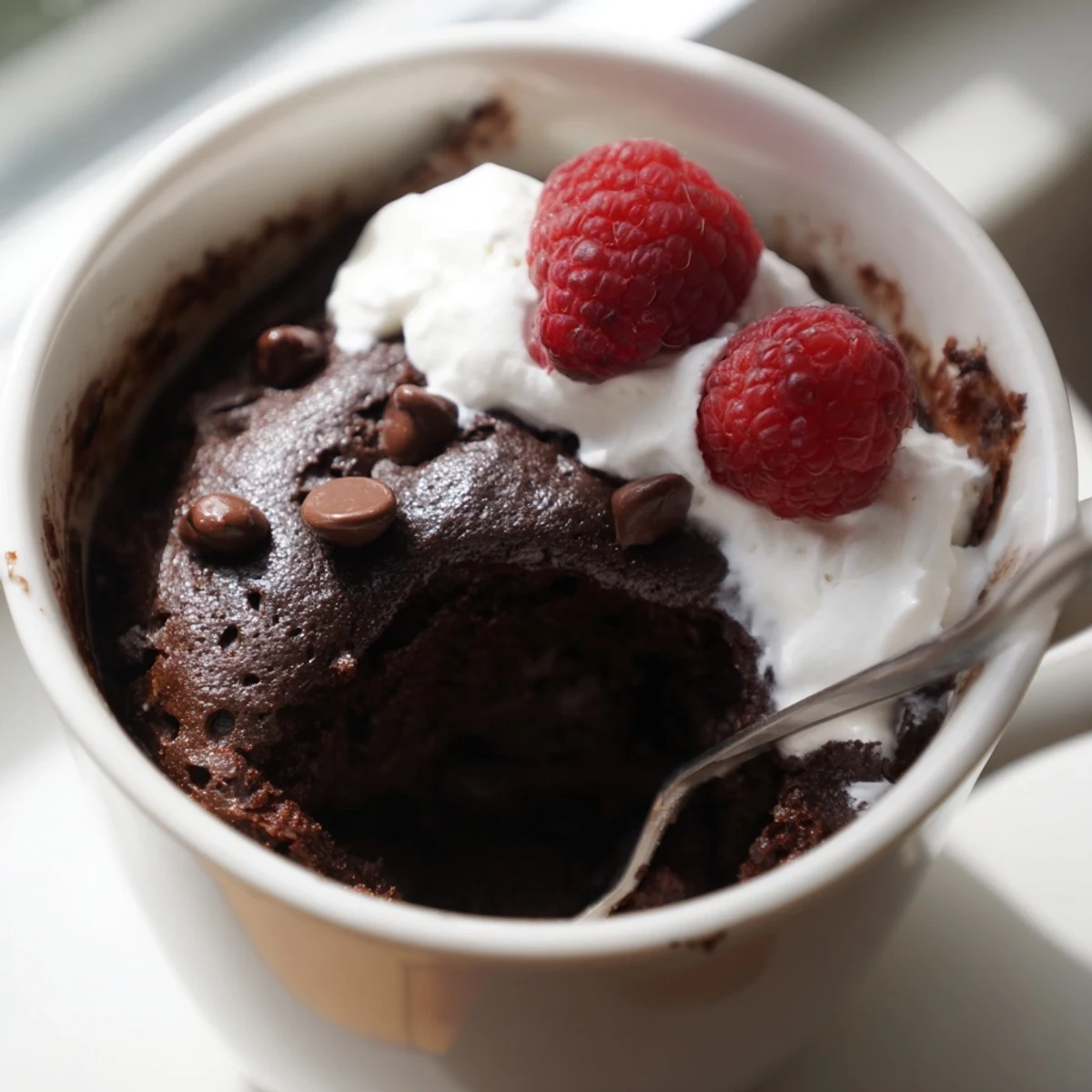 Warm gluten free chocolate mug cake topped with fluffy whipped cream and berries