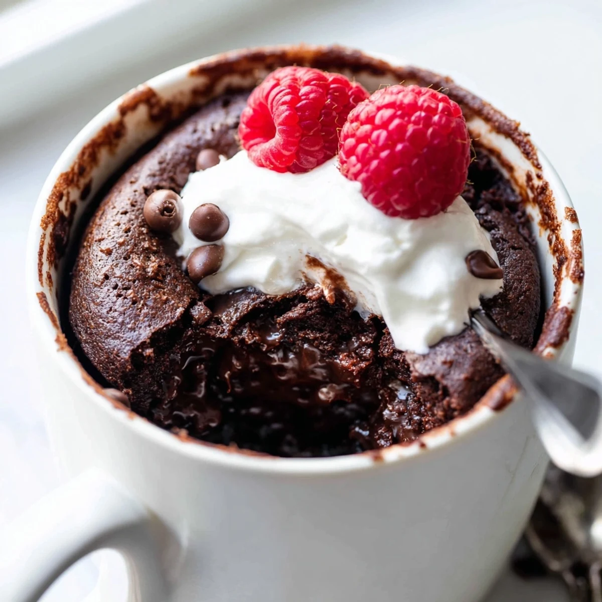 Rich gluten free chocolate mug cake with melted chocolate chips in a ceramic mug