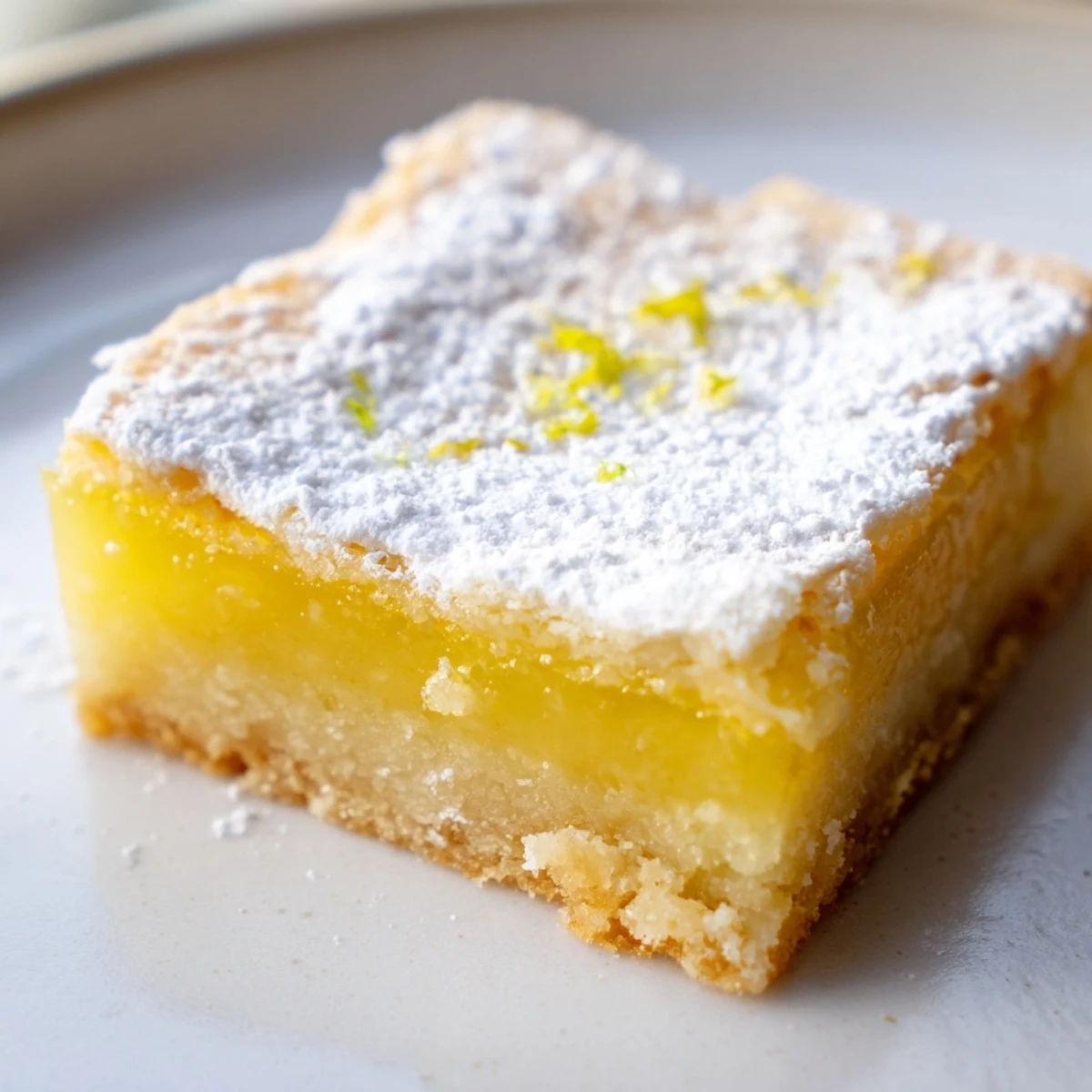 Golden simple lemon bars dusted with powdered sugar on a rustic white plate