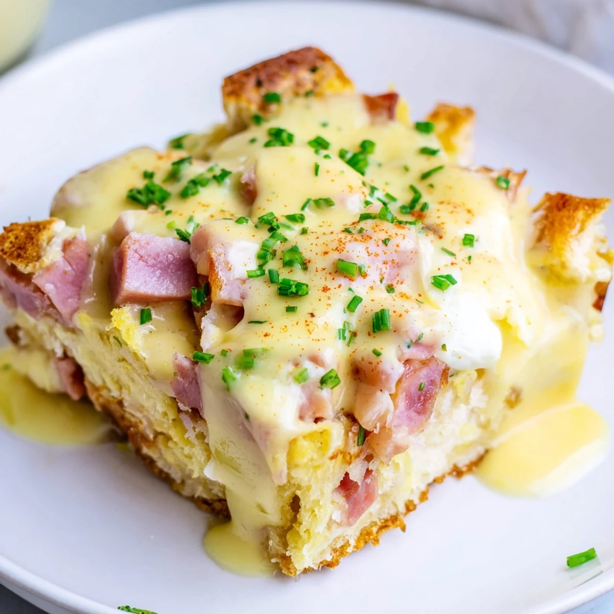 Golden eggs Benedict casserole with creamy hollandaise drizzled over a bubbly breakfast bake