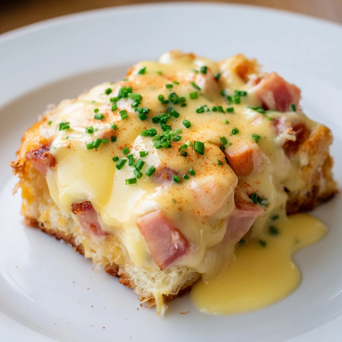 Steaming eggs Benedict casserole scooped from a baking dish topped with fresh chives