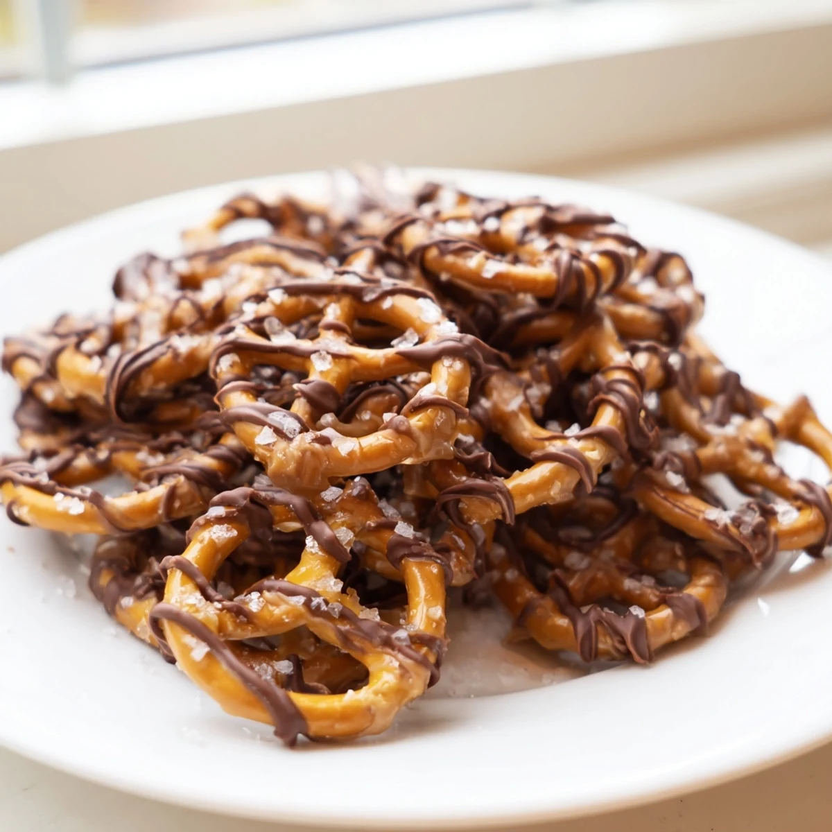 Sweet and salty butter toffee pretzels piled in a rustic serving bowl