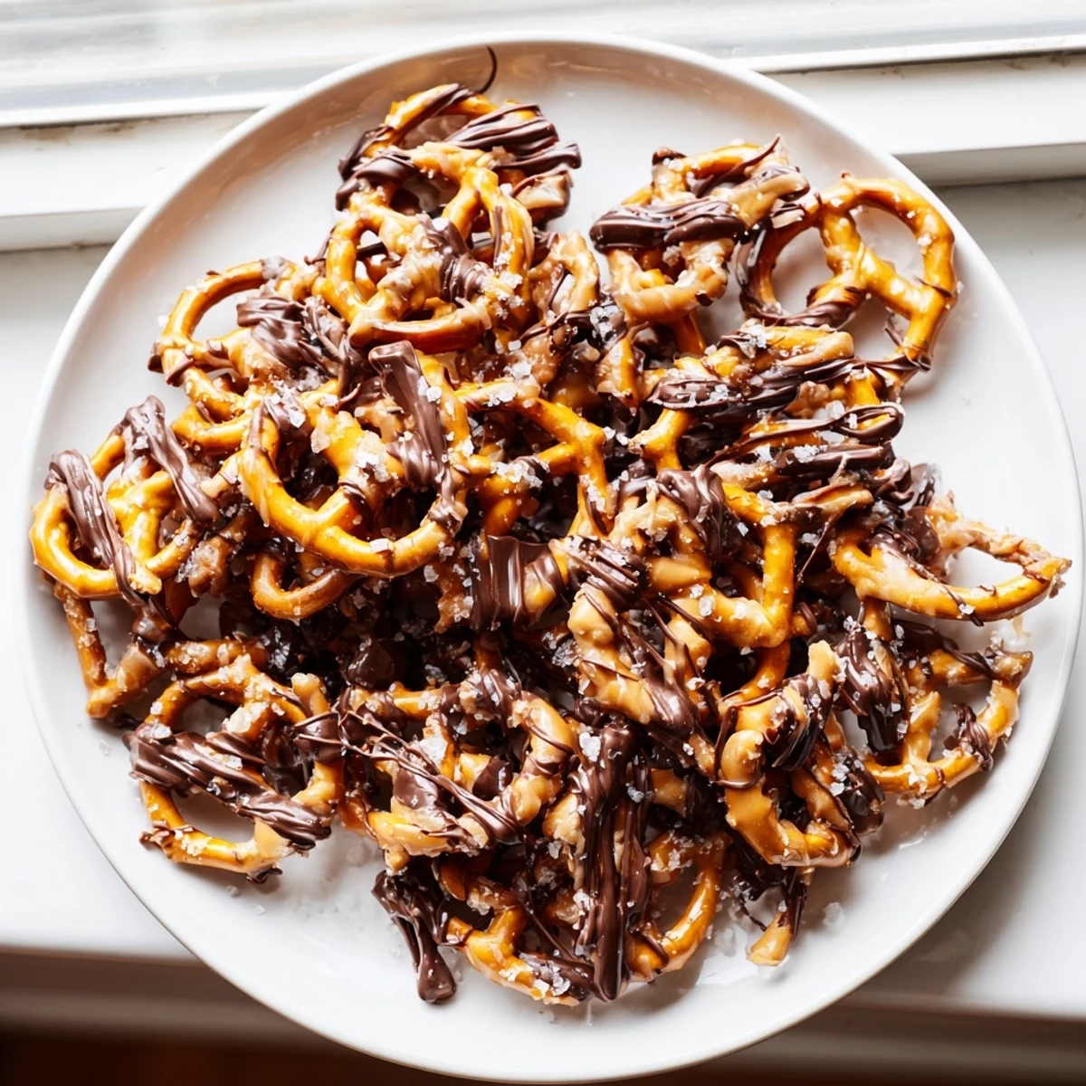 Glossy butter toffee pretzels drizzled with melted chocolate on parchment paper