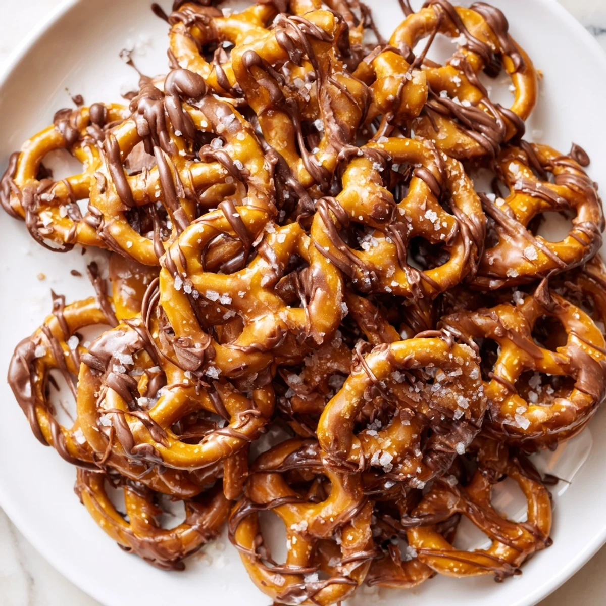 Crunchy golden butter toffee pretzels sprinkled with flaky sea salt close-up