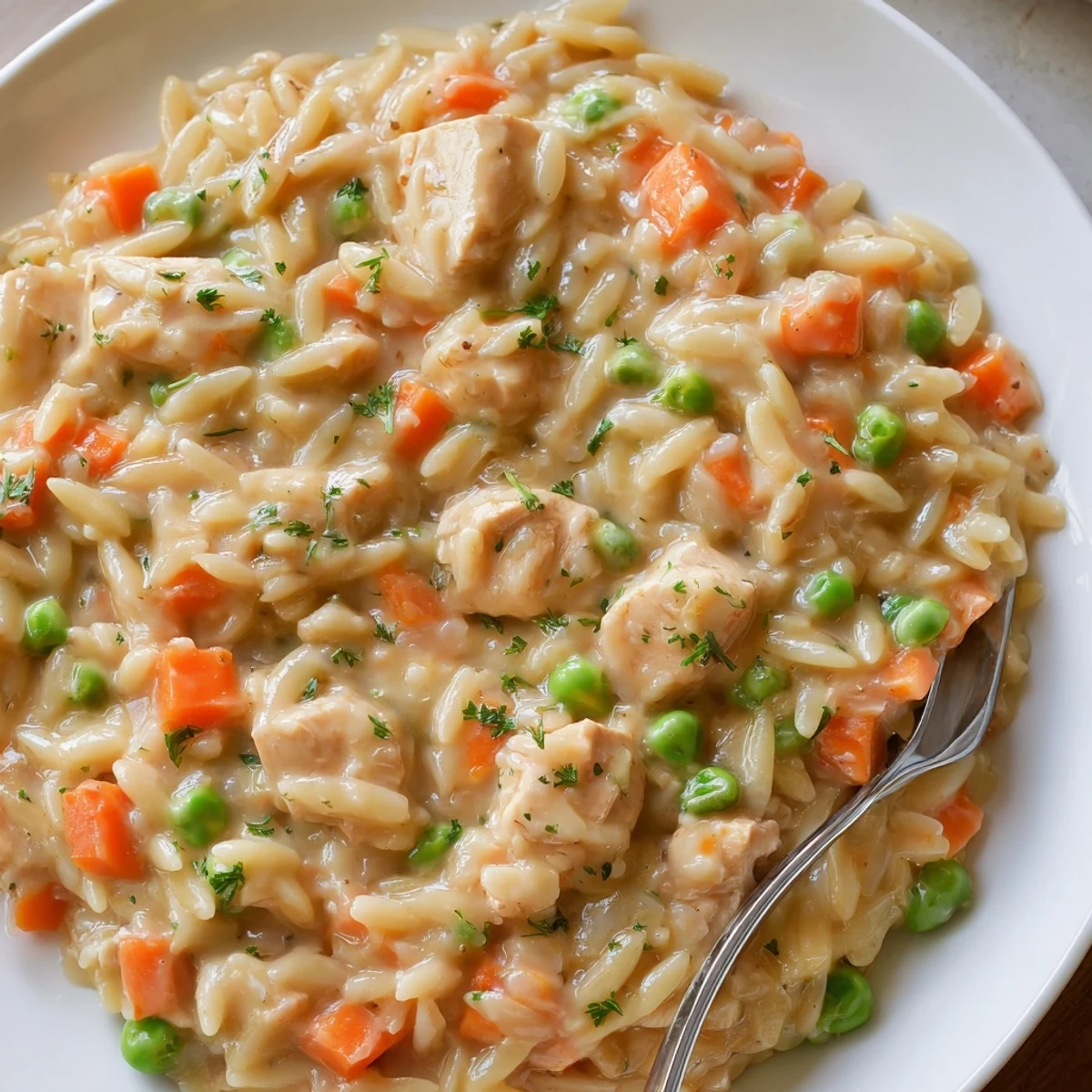 Creamy chicken pot pie orzo served in a rustic bowl with fresh parsley garnish