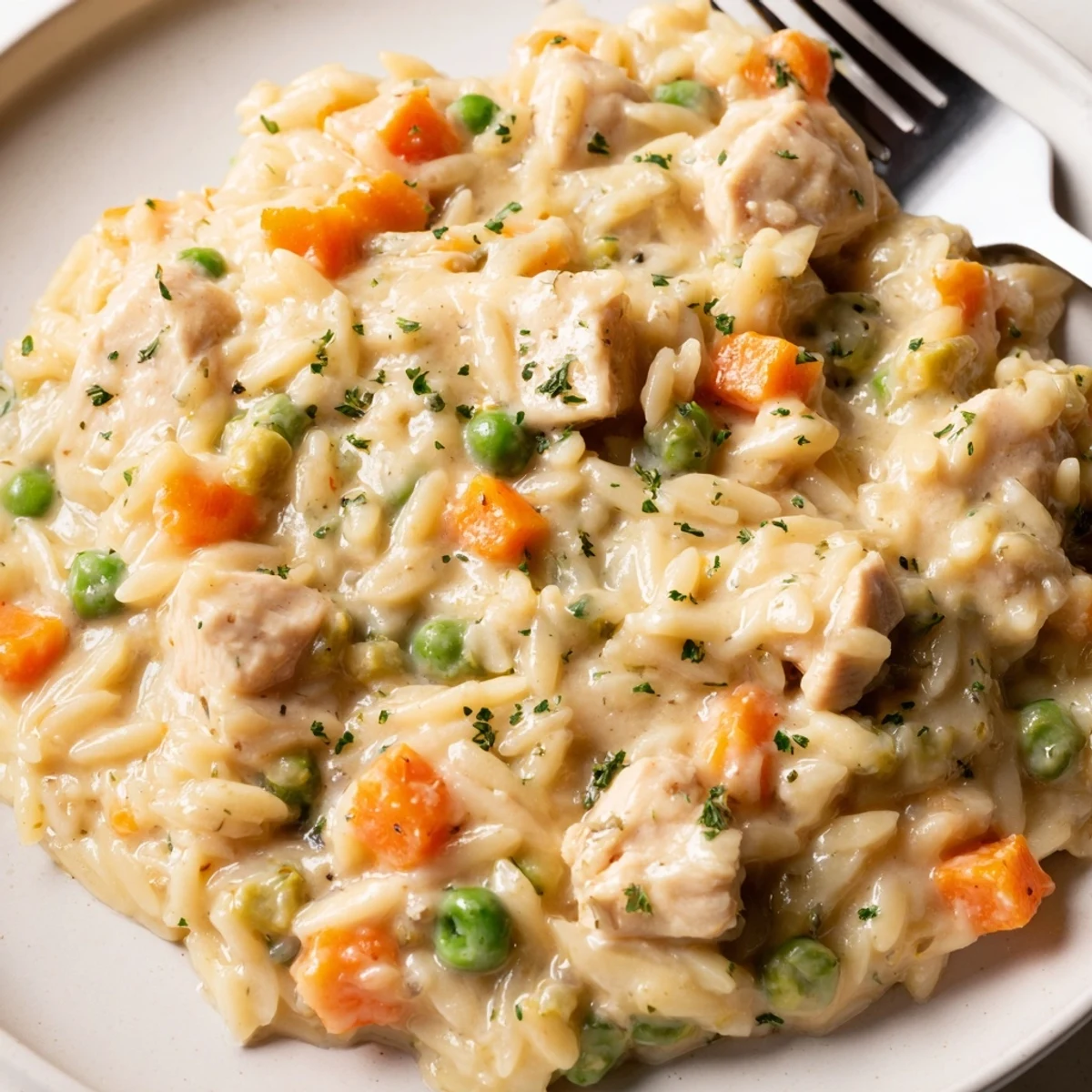Steaming bowl of creamy chicken pot pie orzo loaded with colorful tender vegetables