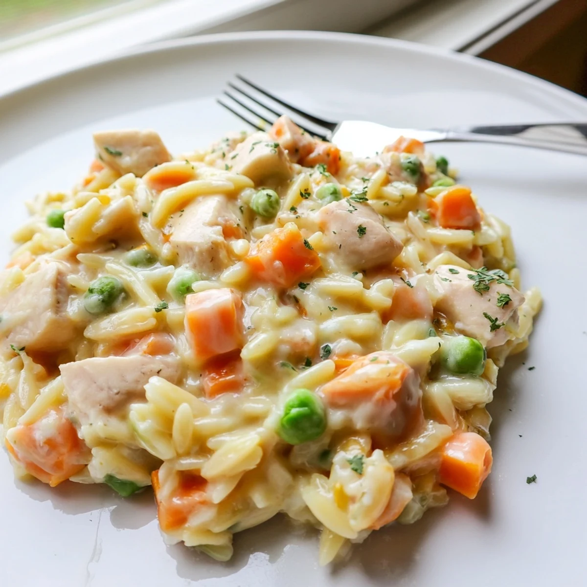 Golden creamy chicken pot pie orzo with shredded chicken and vibrant peas